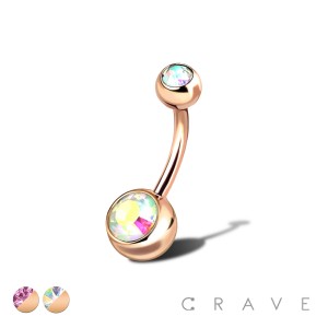 ROSE GOLD PVD PLATED OVER 316L SURGICAL STEEL DOUBLE GEM NAVEL RING COLOR GEM